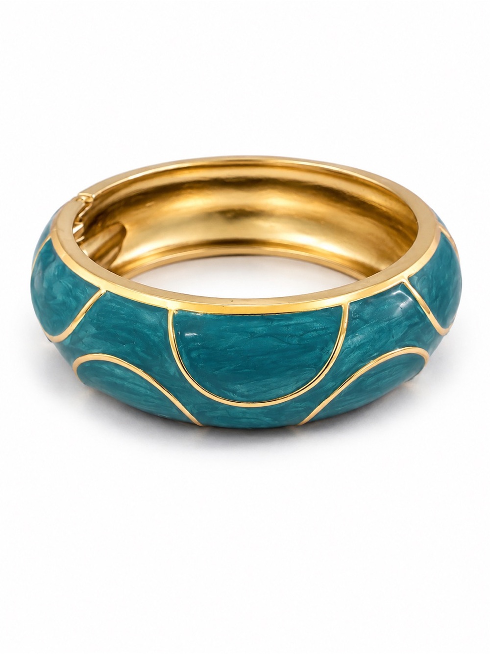 Brand New Teal Blue Marbled Enamel Hinged Bangle Bracelet Gold Tone Statement